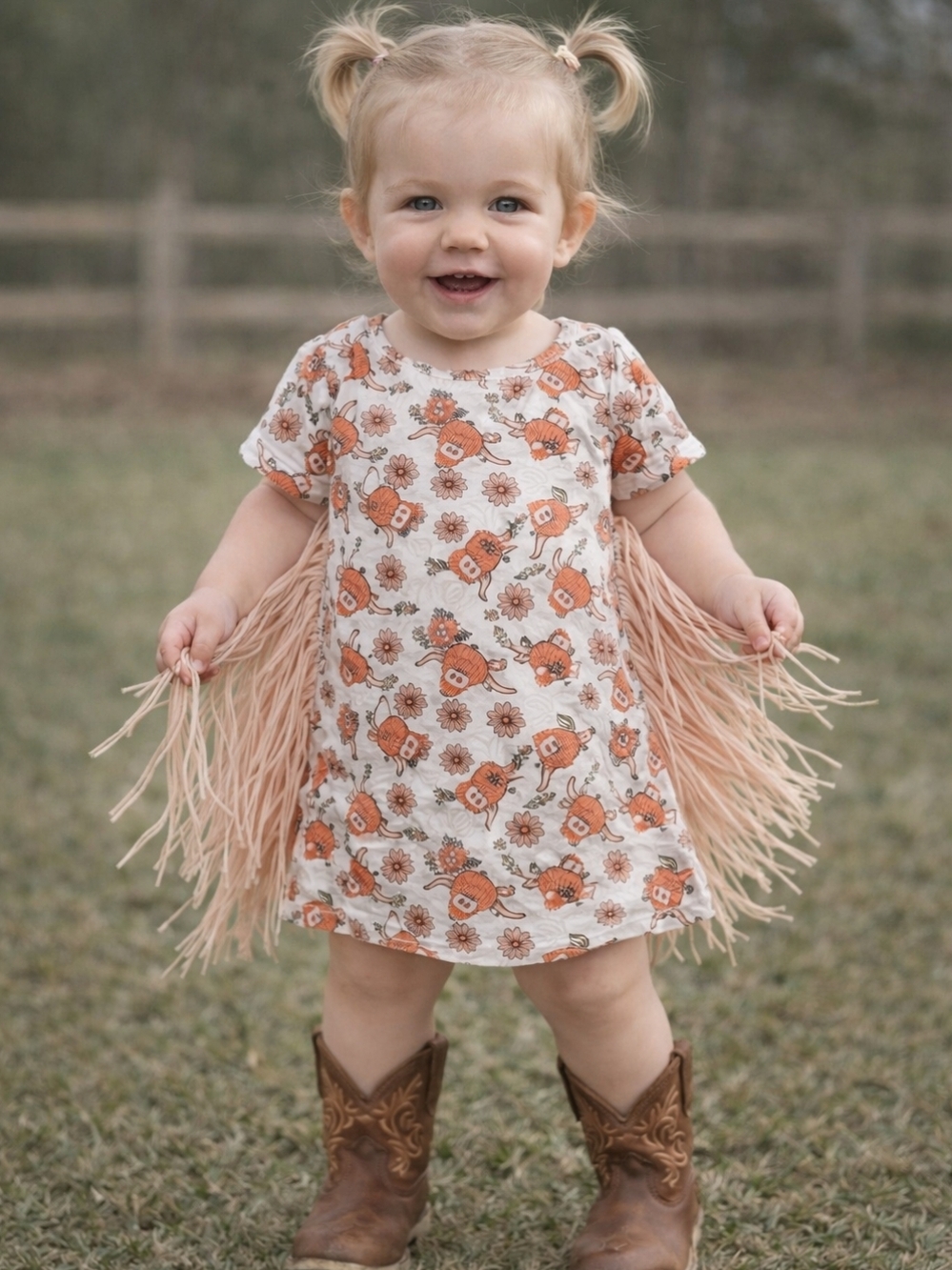 Boutique Style Highland Cow Fringe Dress Baby Girl Western Cowgirl Fall Cute